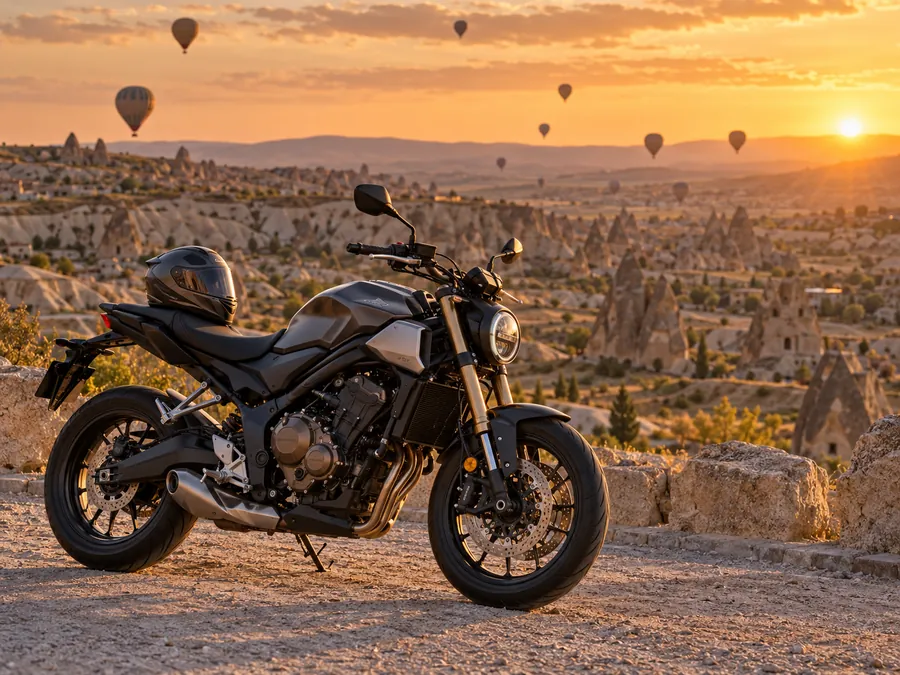 Kapadokya vadisine bakan yol kenarında park etmiş motosiklet ve kask